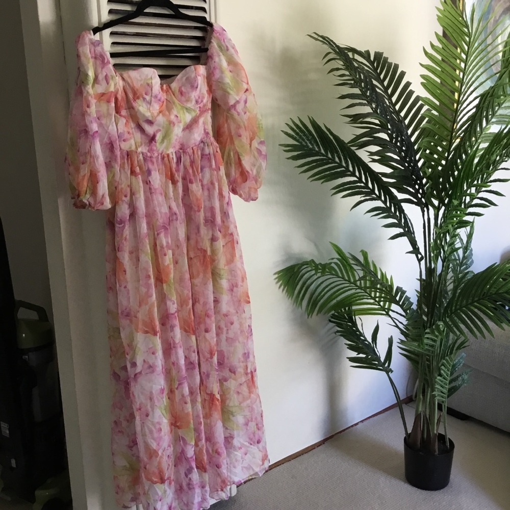 Ashley Mason Pink and Pastel Floral Maxi Dress with Puff Sleeves